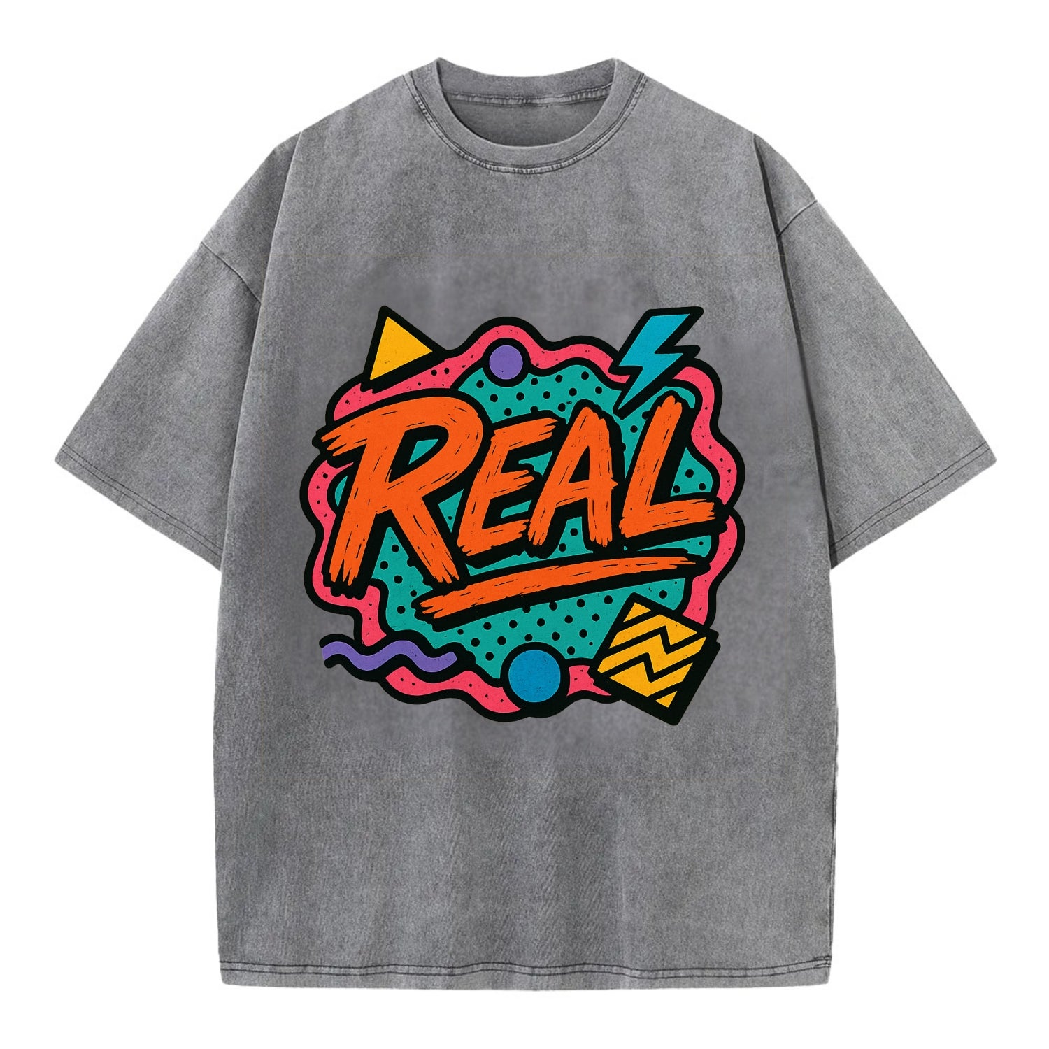 Imperfect brush strokes spelling "Real" - authenticity over perfection, raw and - Vintage T-shirt - Grey