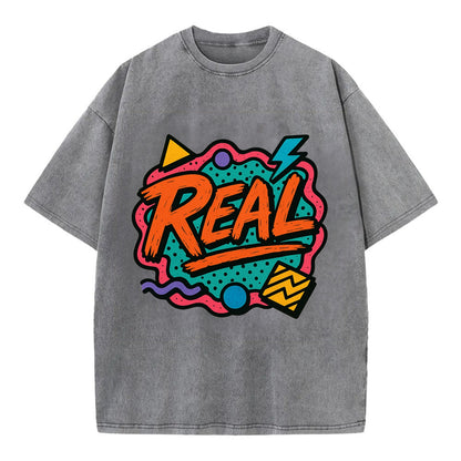 Imperfect brush strokes spelling "Real" - authenticity over perfection, raw and - Vintage T-shirt - Grey