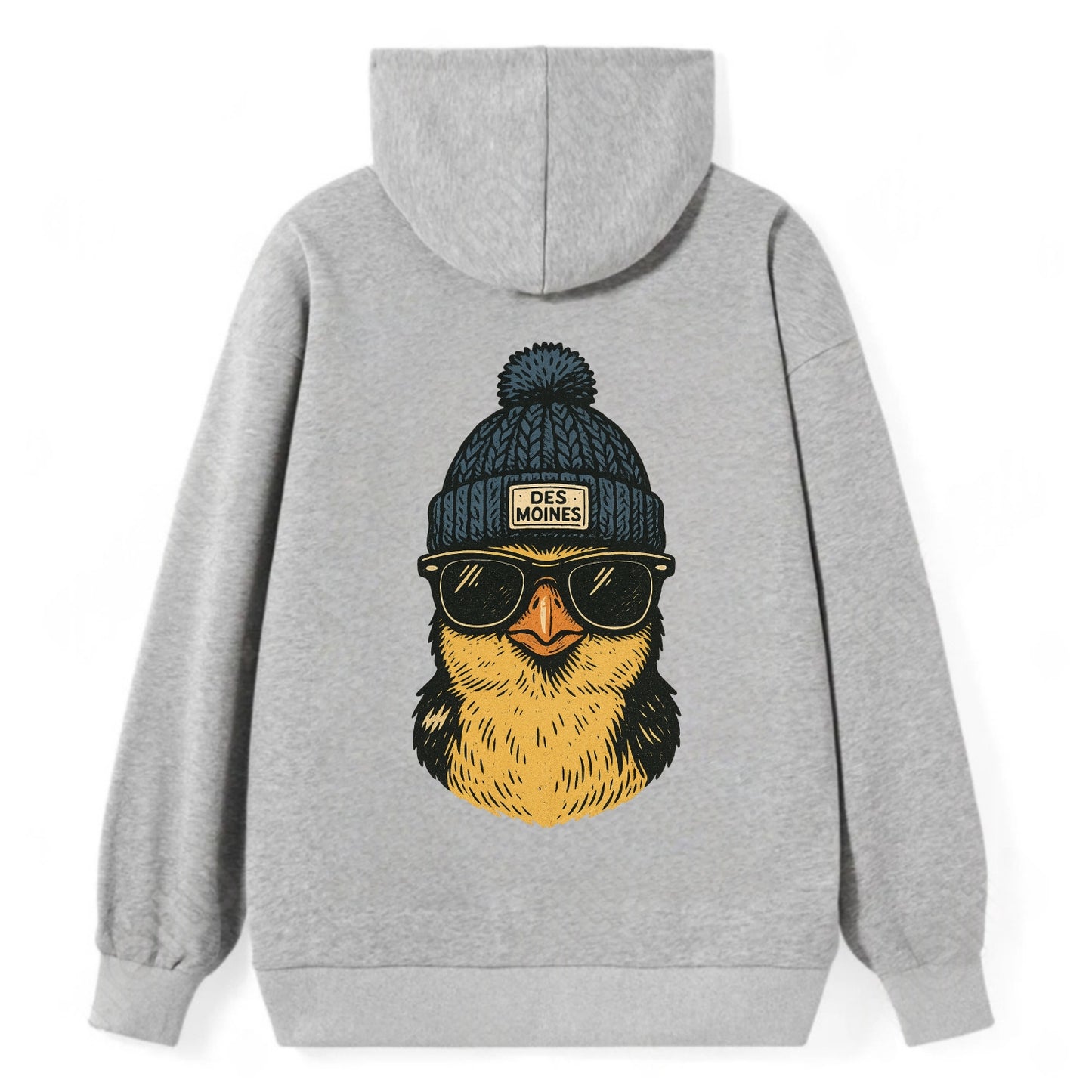 Iowa Goldfinch wearing Des Moines beanie with pom pom and wayfarer - Classic Pullover Hoodie - Grey