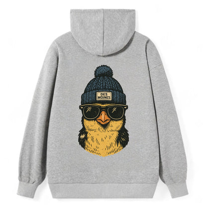 Iowa Goldfinch wearing Des Moines beanie with pom pom and wayfarer - Classic Pullover Hoodie - Grey