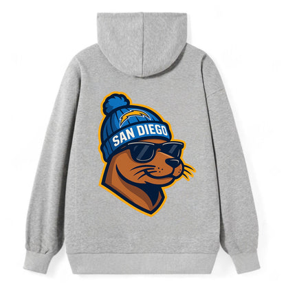 San Diego Sea Lion wearing Chargers beanie with bolt patch and wayfarer - Classic Pullover Hoodie - Grey
