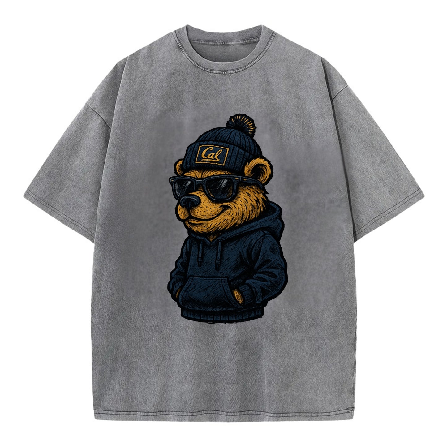 Berkeley Bear wearing Cal beanie with script patch - Vintage T-shirt - Grey