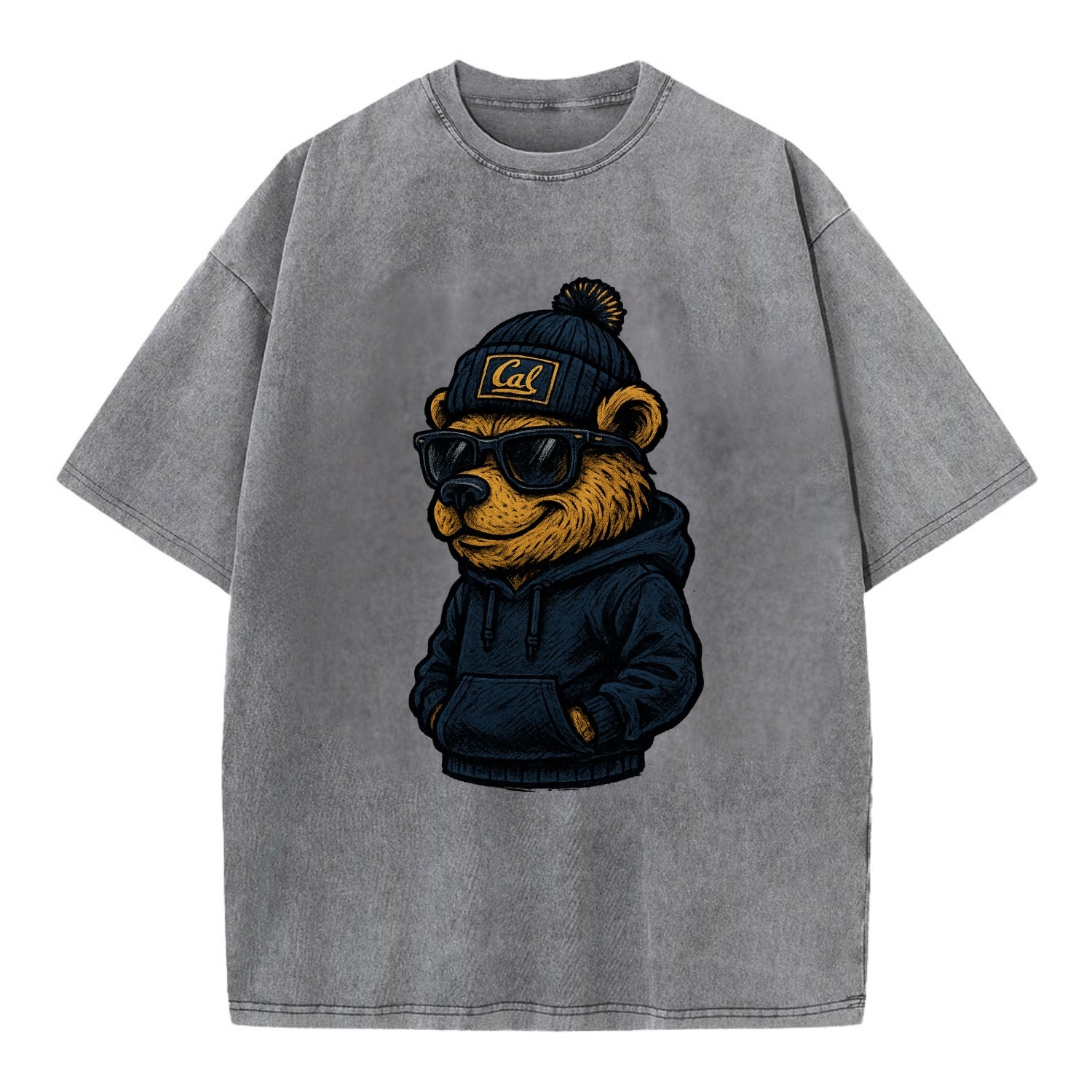 Berkeley Bear wearing Cal beanie with script patch - Vintage T-shirt - Grey