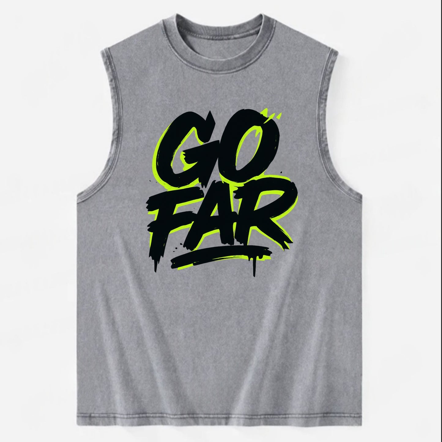 Bold typography design - "GO FAR" - distance goals, pushing limits - Vintage Washed Tank - Grey