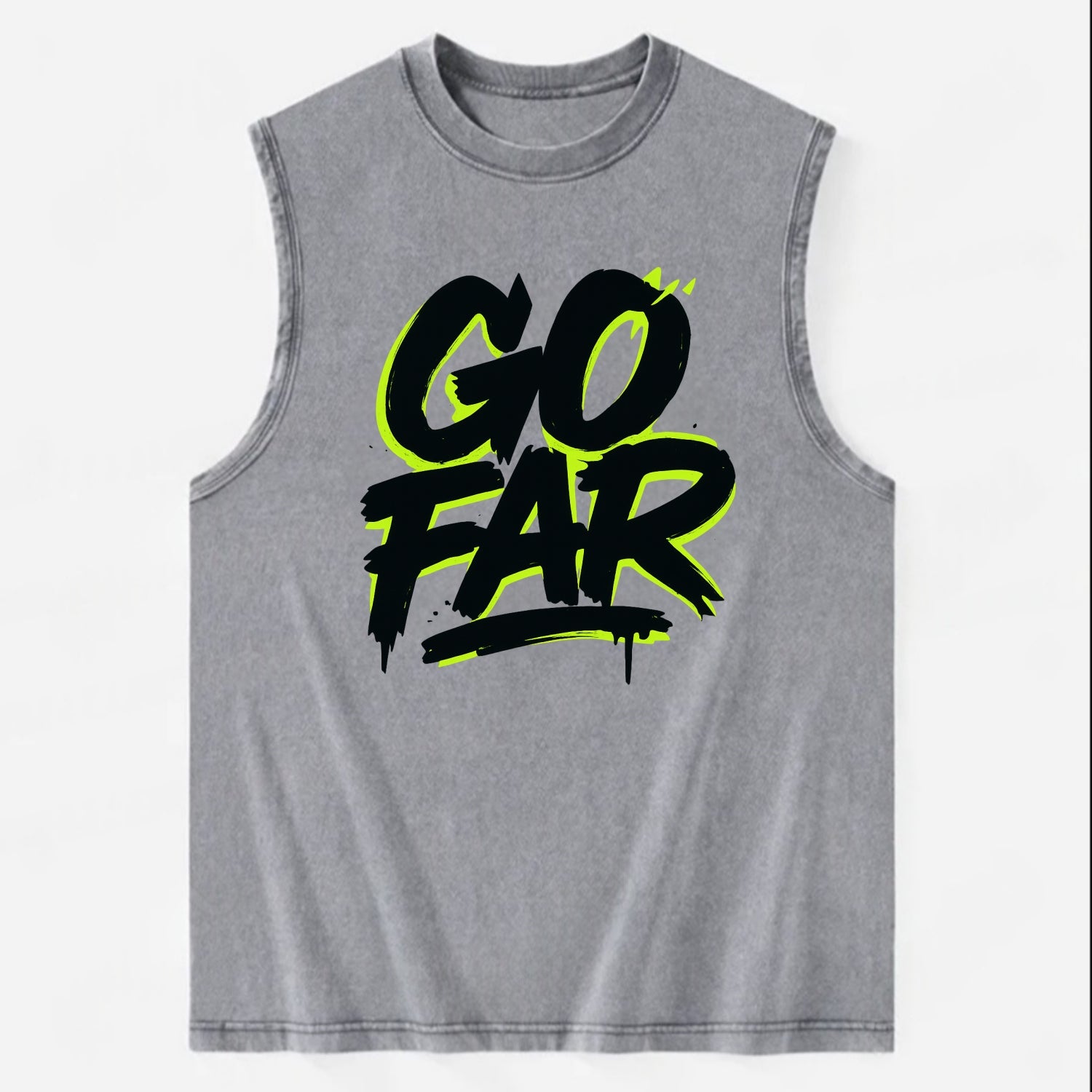 Bold typography design - "GO FAR" - distance goals, pushing limits - Vintage Washed Tank - Grey