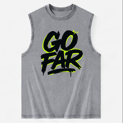 Bold typography design - "GO FAR" - distance goals, pushing limits - Vintage Washed Tank - Grey
