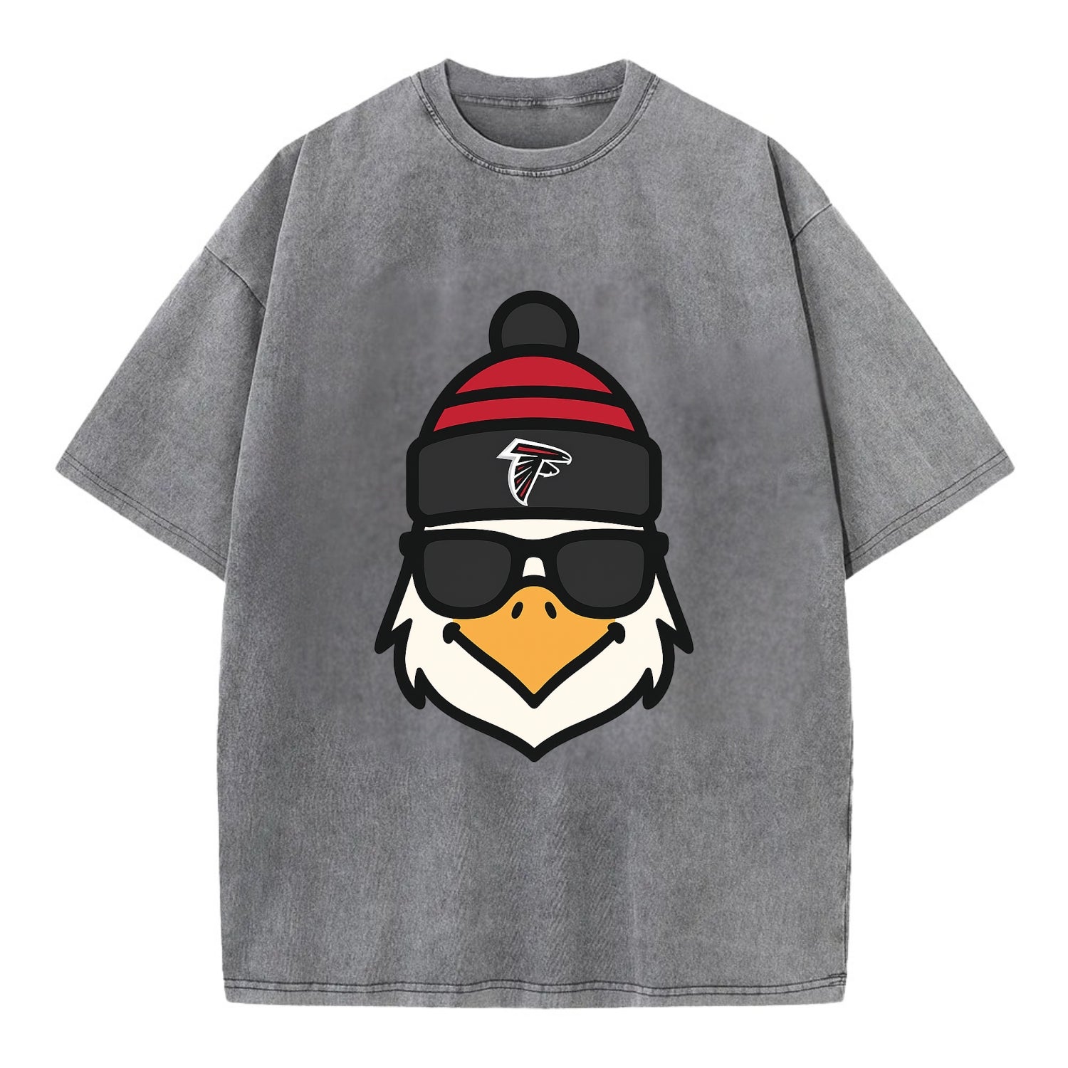 Atlanta Falcon wearing Falcons red and black beanie with pom pom and wayfarer - Vintage T-shirt - Grey