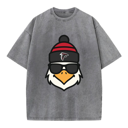 Atlanta Falcon wearing Falcons red and black beanie with pom pom and wayfarer - Vintage T-shirt - Grey