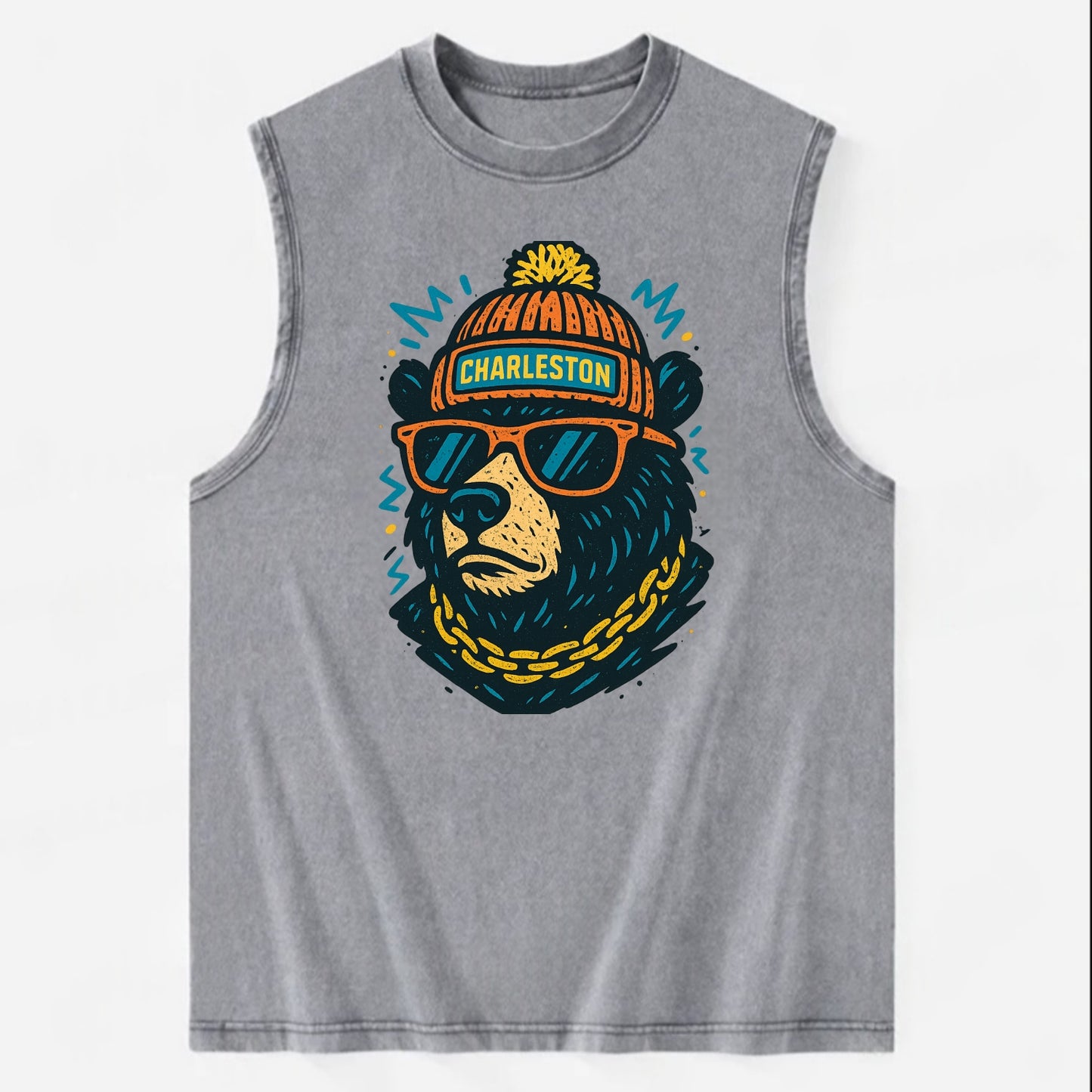 West Virginia Black Bear wearing Charleston beanie with pom pom and wayfarer - Vintage Washed Tank - Grey