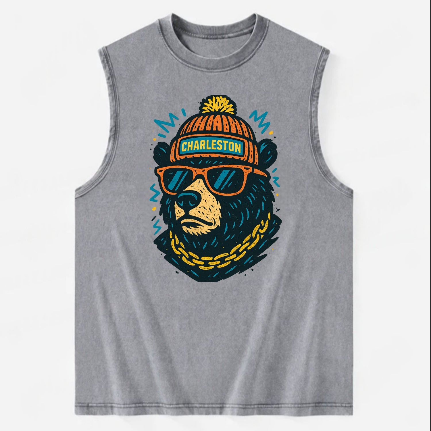 West Virginia Black Bear wearing Charleston beanie with pom pom and wayfarer - Vintage Washed Tank - Grey
