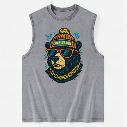 West Virginia Black Bear wearing Charleston beanie with pom pom and wayfarer - Vintage Washed Tank - Grey