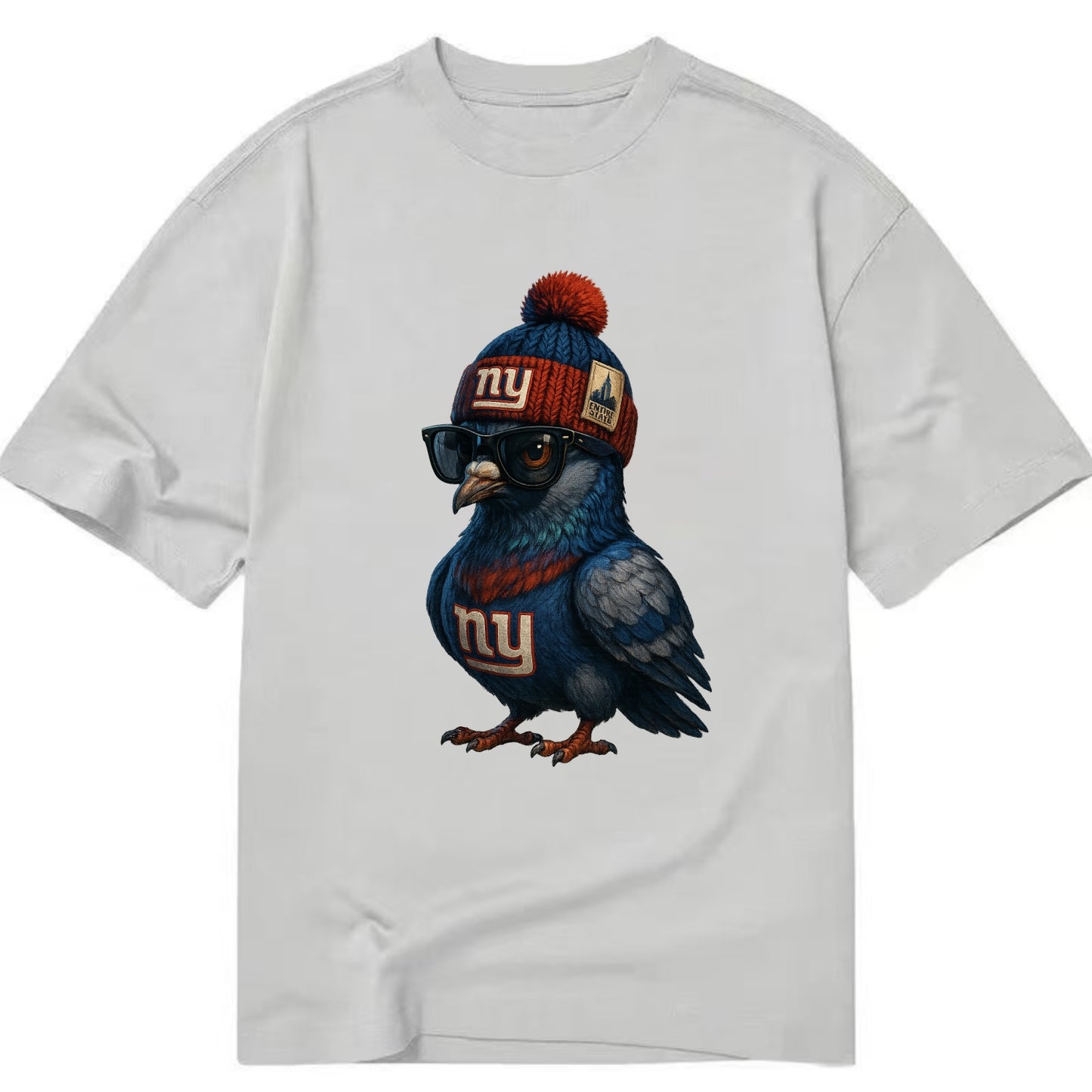 Manhattan Pigeon wearing Giants beanie with Empire State patch and wayfarer - Classic T-shirt - Grey