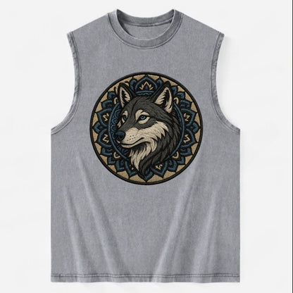 Mandala Wolf Pattern  - Vintage Washed Tank - Grey