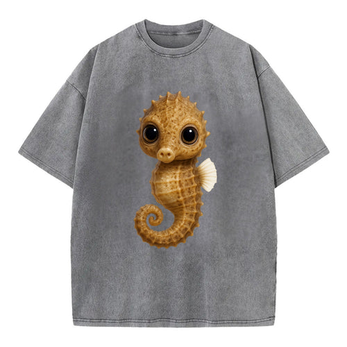 Baby Seahorse - curled tail, snout, large eyes, front-facing, delicate and cute - Vintage T-shirt
