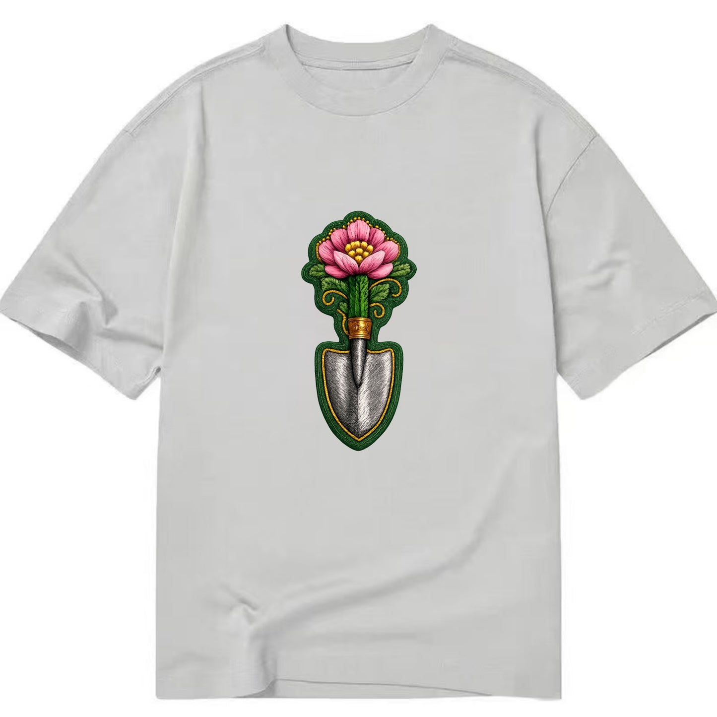 Embroidered patch design - GARDENING TROWEL FLOWER - garden tool with blooming - Classic T-shirt - Grey