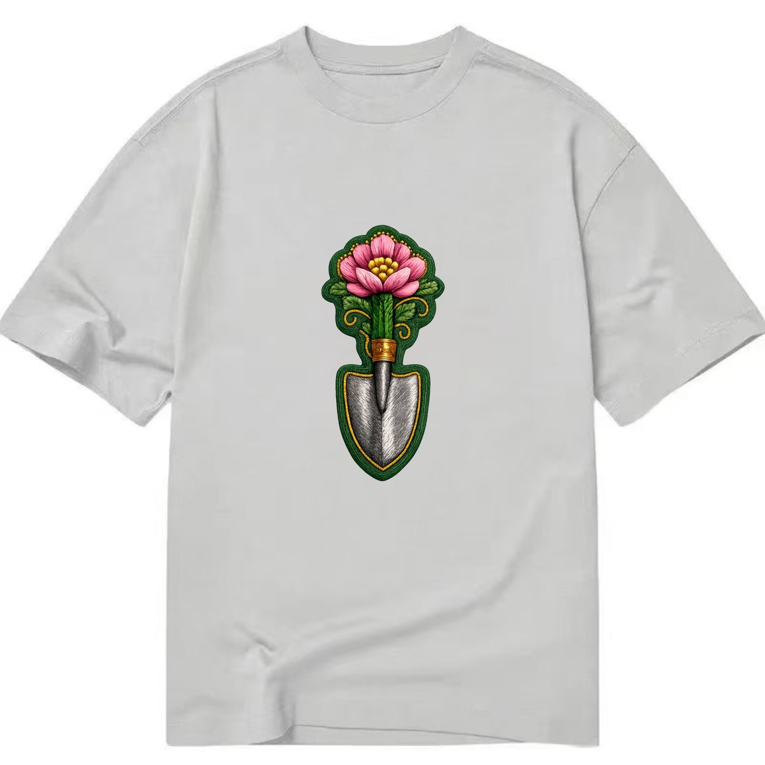Embroidered patch design - GARDENING TROWEL FLOWER - garden tool with blooming - Classic T-shirt - Grey