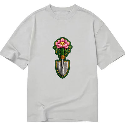 Embroidered patch design - GARDENING TROWEL FLOWER - garden tool with blooming - Classic T-shirt - Grey