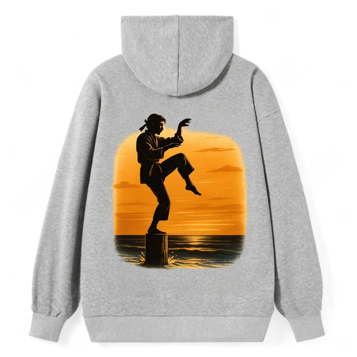karate crane kick pose on wooden post at beach sunset - Classic Pullover Hoodie - Grey