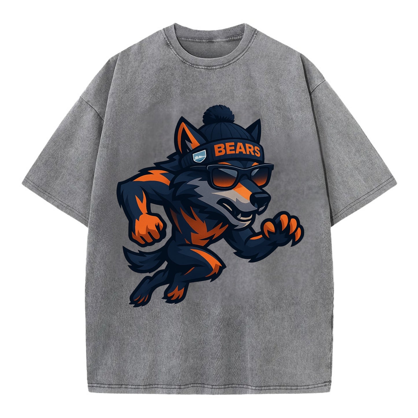 Chicago Wolf wearing Bears beanie with Lake Michigan patch and wayfarer sunglasses - Vintage T-shirt - Grey