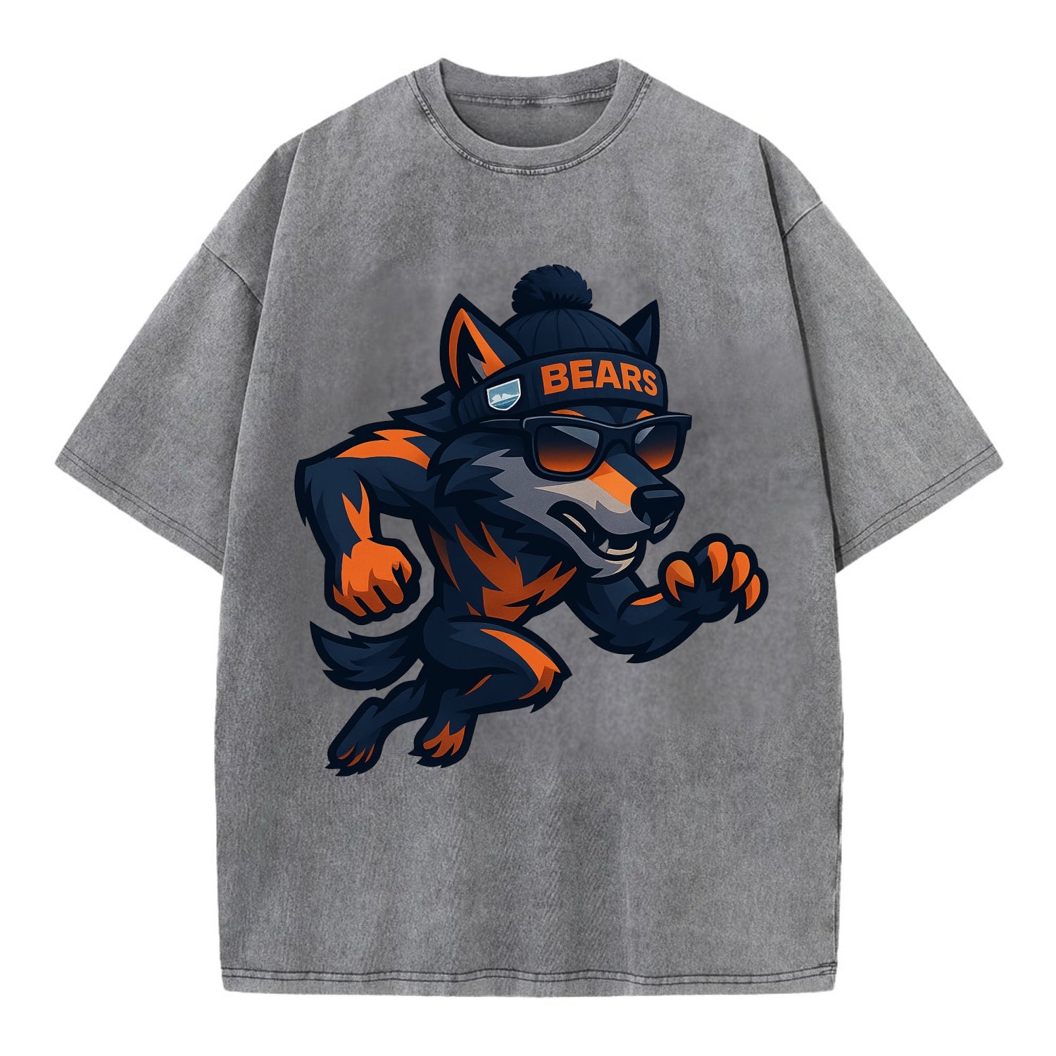 Chicago Wolf wearing Bears beanie with Lake Michigan patch and wayfarer sunglasses - Vintage T-shirt - Grey
