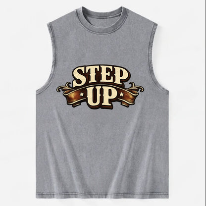 Bold typography design - "STEP UP" - rise to occasion, take charge - Vintage Washed Tank - Grey