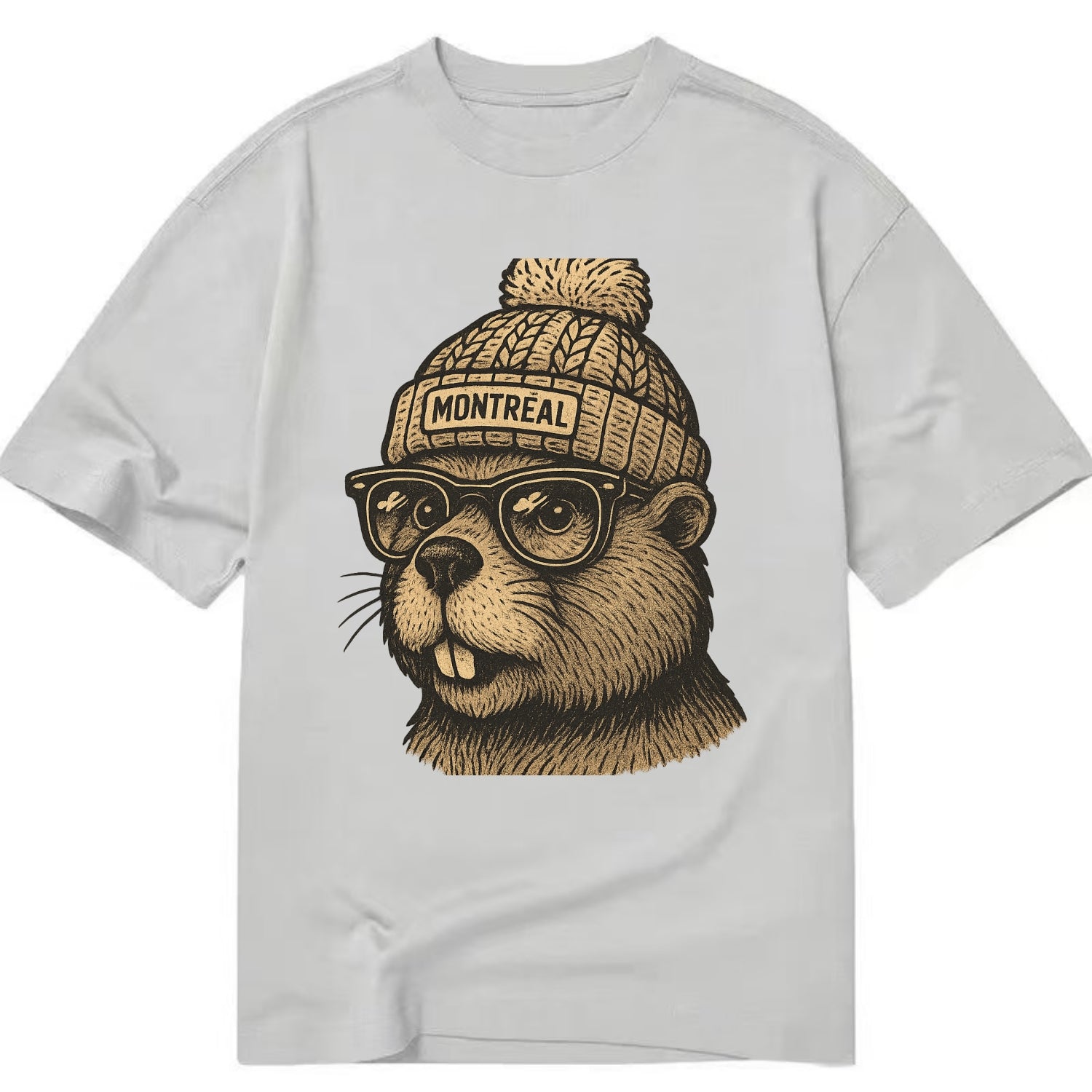 Montreal Beaver wearing Montreal beanie with pom pom and wayfarer sunglasses - Classic T-shirt - Grey