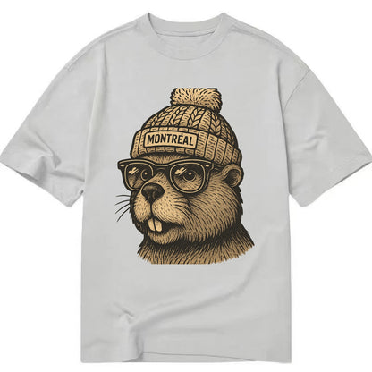 Montreal Beaver wearing Montreal beanie with pom pom and wayfarer sunglasses - Classic T-shirt - Grey