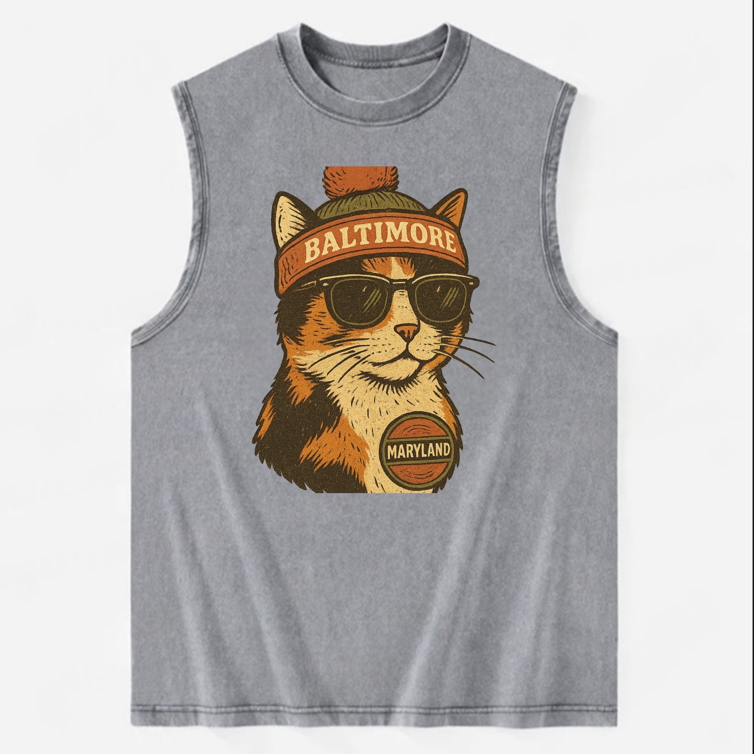 Maryland Calico Cat wearing Baltimore beanie with pom pom and wayfarer - Vintage Washed Tank - Grey