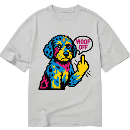 Aussiedoodle with merle patches and curly coat, playful smart paw raised - Classic T-shirt - Grey