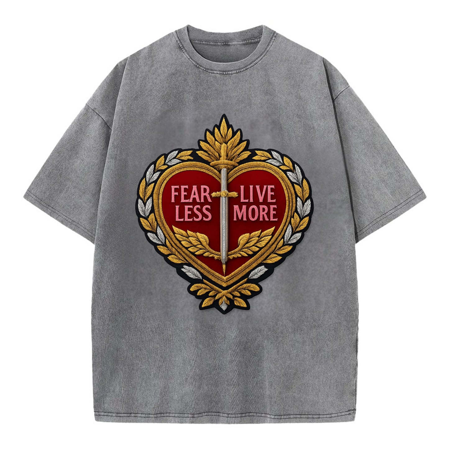 FEAR LESS LIVE MORE - heart with text in red , courage - Vintage T-shirt - Grey