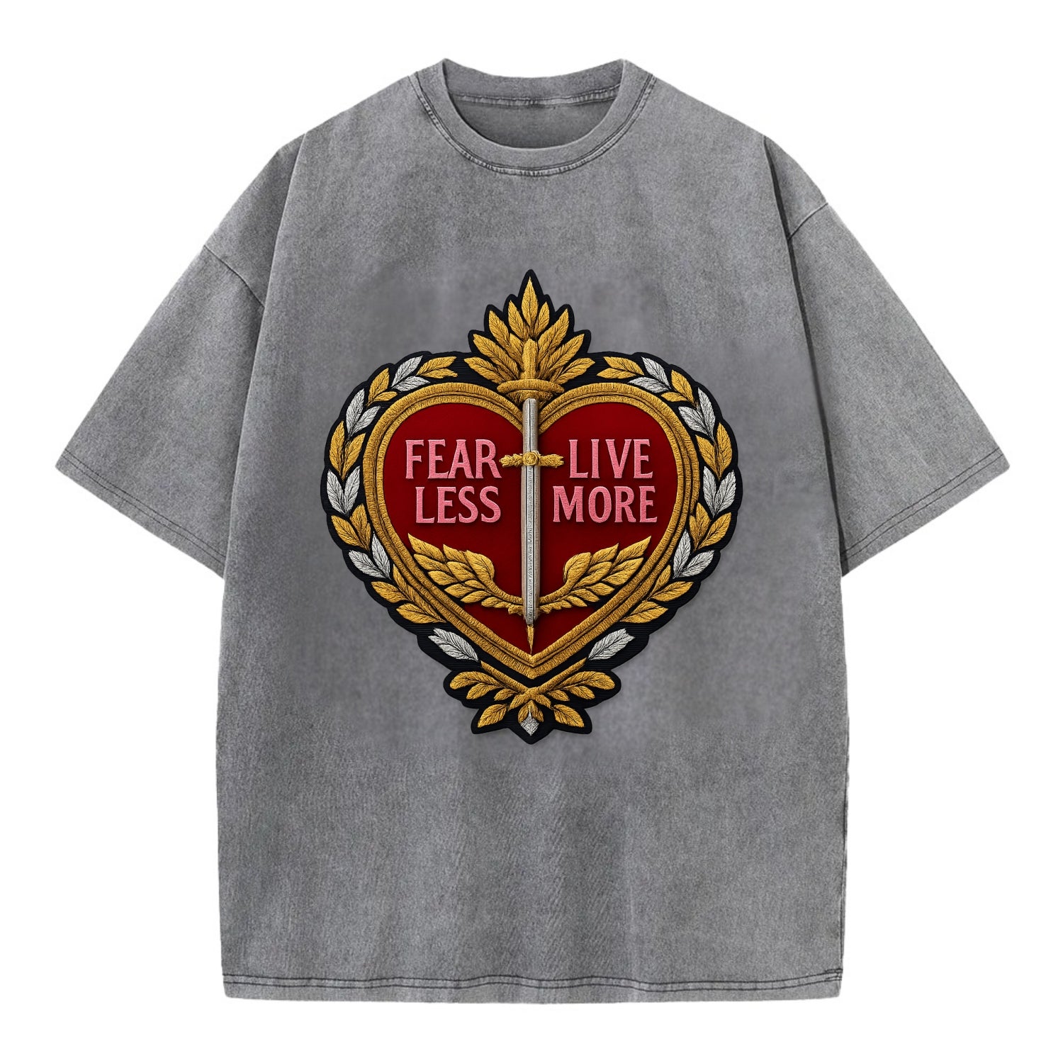 FEAR LESS LIVE MORE - heart with text in red , courage - Vintage T-shirt - Grey