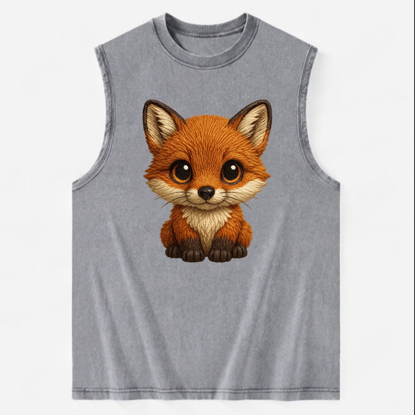 Baby Red Fox - russet fur, white chest, big amber eyes, perky ears, - Vintage Washed Tank - Grey