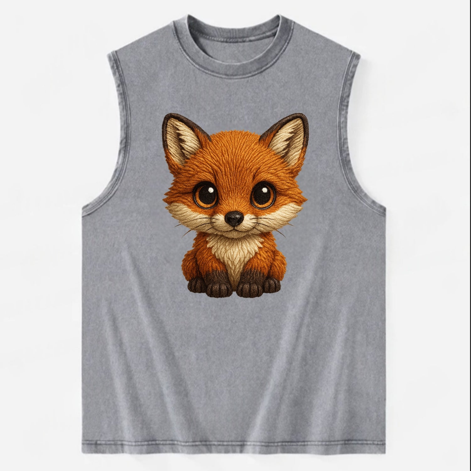Baby Red Fox - russet fur, white chest, big amber eyes, perky ears, - Vintage Washed Tank - Grey