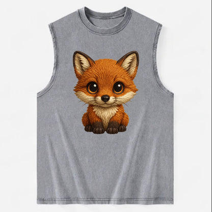 Baby Red Fox - russet fur, white chest, big amber eyes, perky ears, - Vintage Washed Tank - Grey