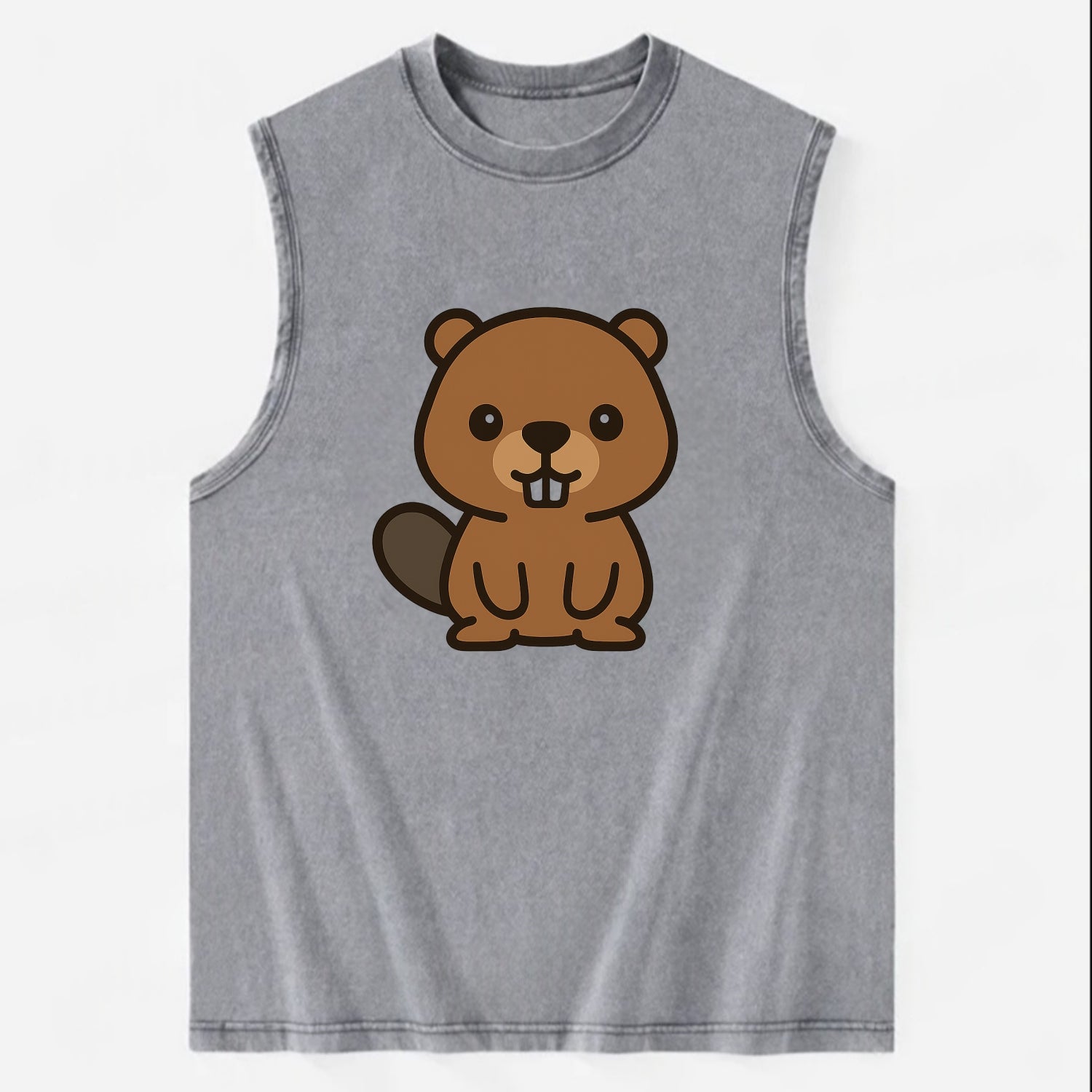 Baby Beaver - brown fur, paddle tail, buck teeth, friendly eyes, - Vintage Washed Tank - Grey