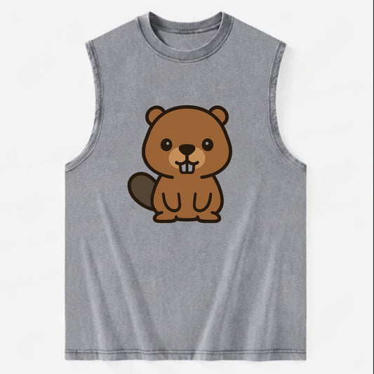 Baby Beaver - brown fur, paddle tail, buck teeth, friendly eyes, - Vintage Washed Tank - Grey