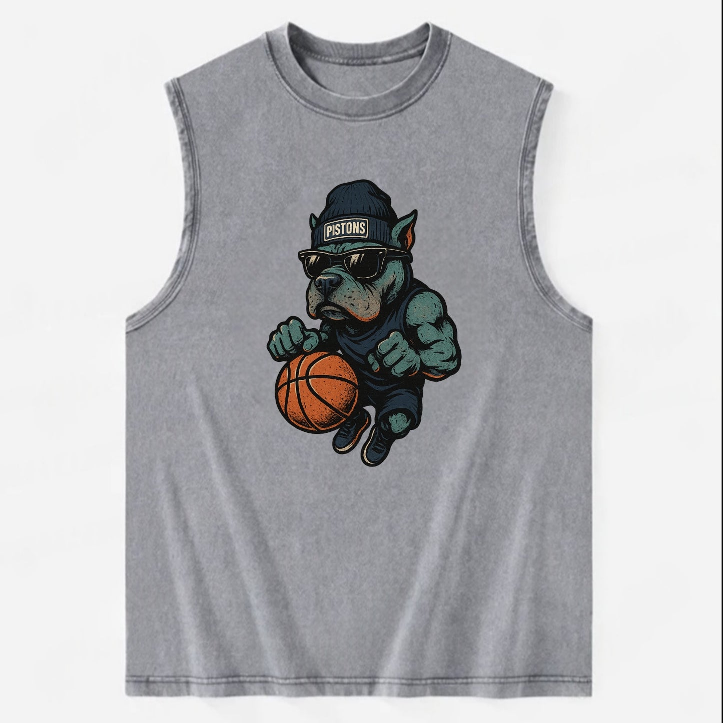 Detroit Pitbull wearing Pistons beanie with chrome patch and wayfarer - Vintage Washed Tank - Grey