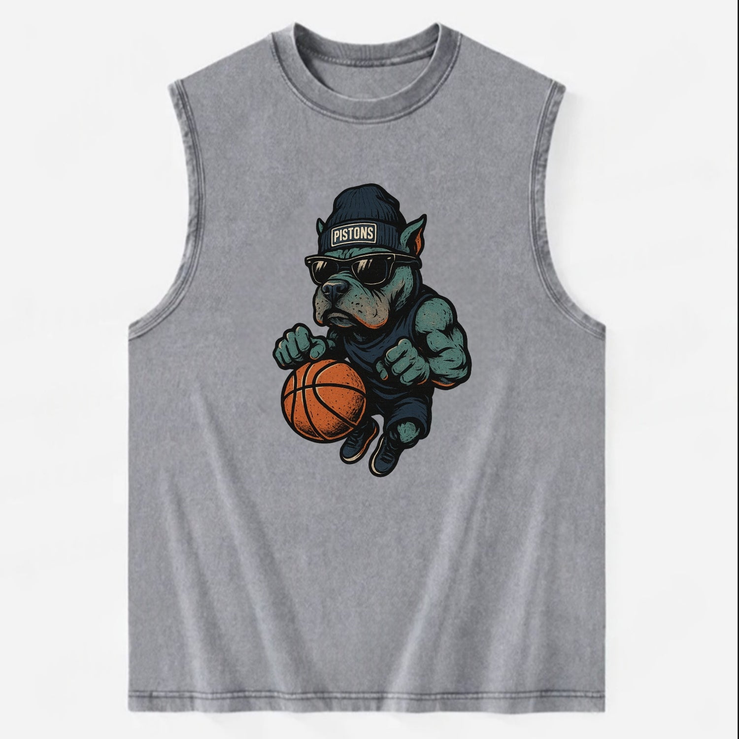 Detroit Pitbull wearing Pistons beanie with chrome patch and wayfarer - Vintage Washed Tank - Grey