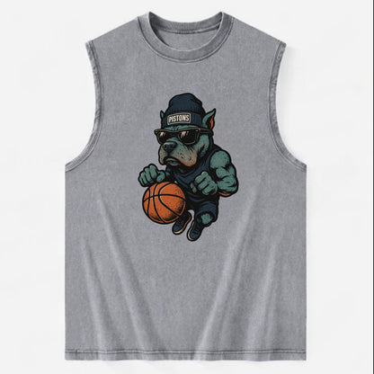Detroit Pitbull wearing Pistons beanie with chrome patch and wayfarer - Vintage Washed Tank - Grey