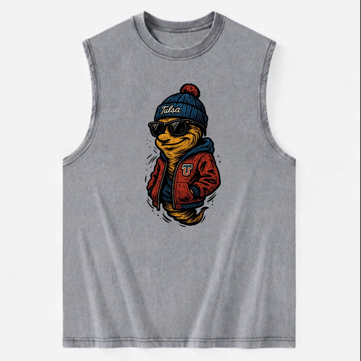 Tulsa Hurricane wearing Tulsa beanie with TU patch - Vintage Washed Tank - Grey