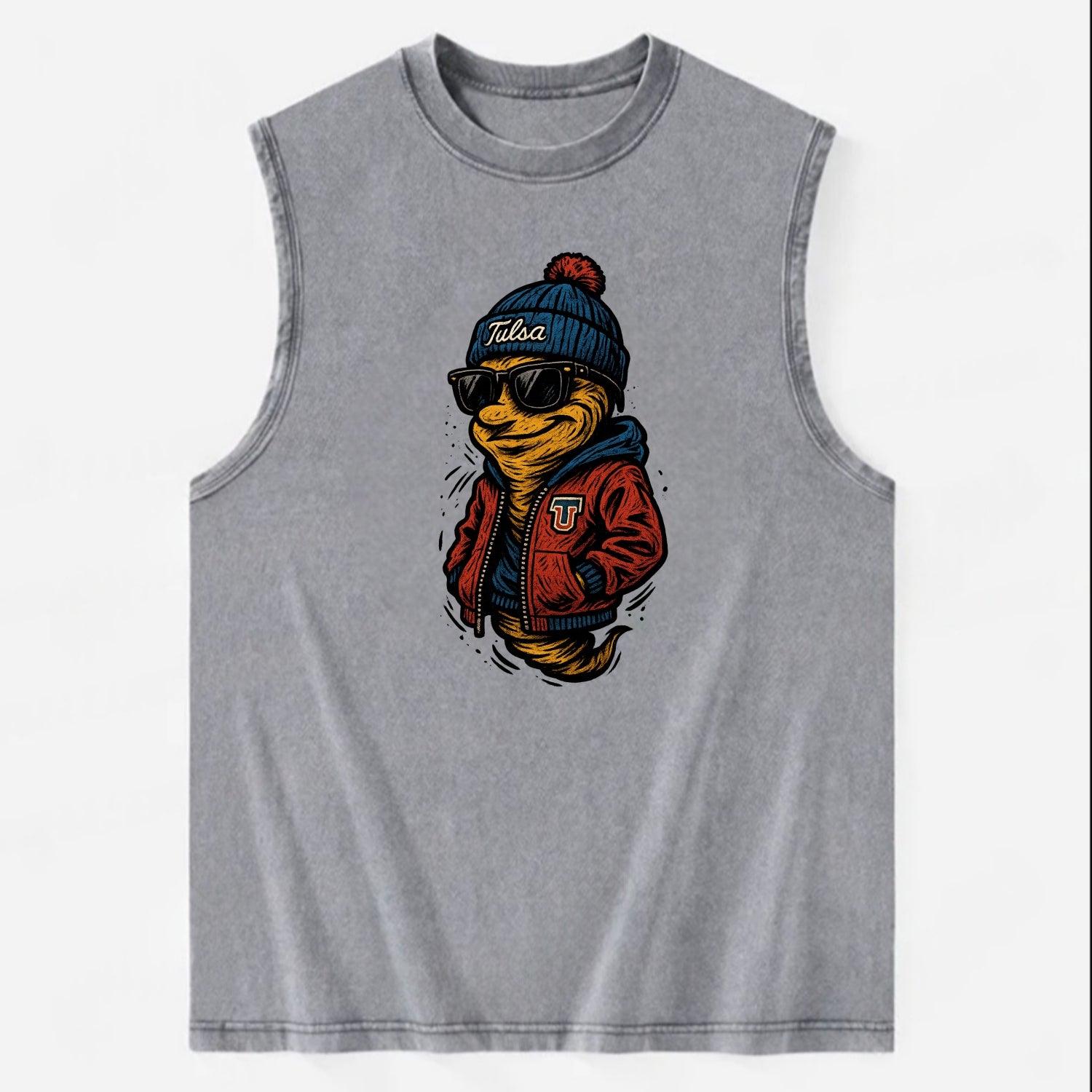 Tulsa Hurricane wearing Tulsa beanie with TU patch - Vintage Washed Tank - Grey
