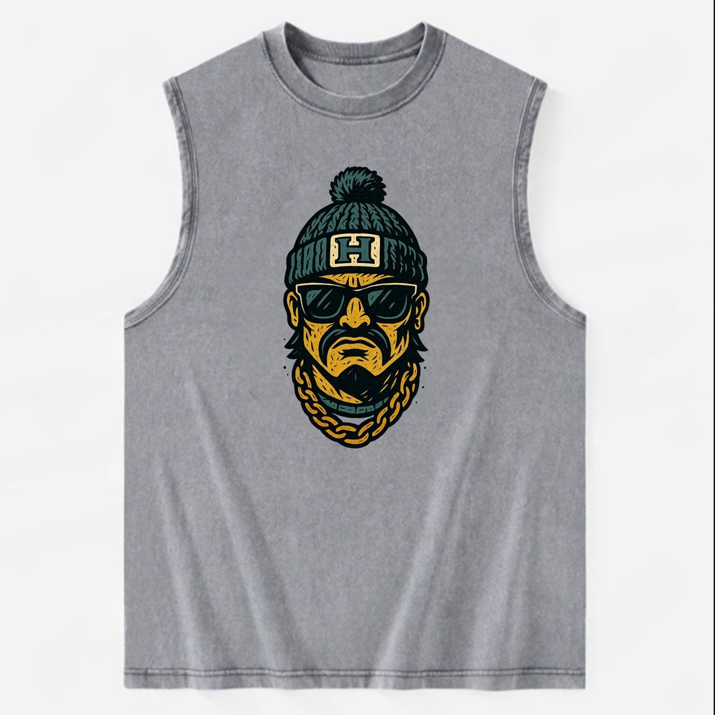 Honolulu Warrior wearing Hawaii beanie with H patch - Vintage Washed Tank - Grey