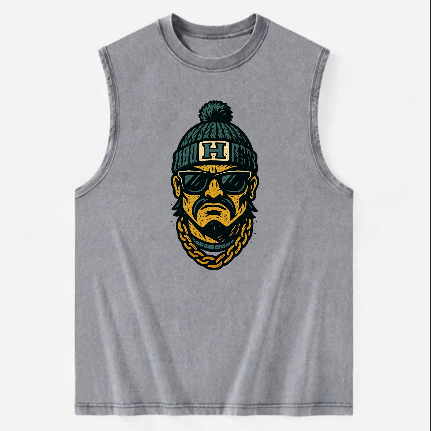 Honolulu Warrior wearing Hawaii beanie with H patch - Vintage Washed Tank - Grey