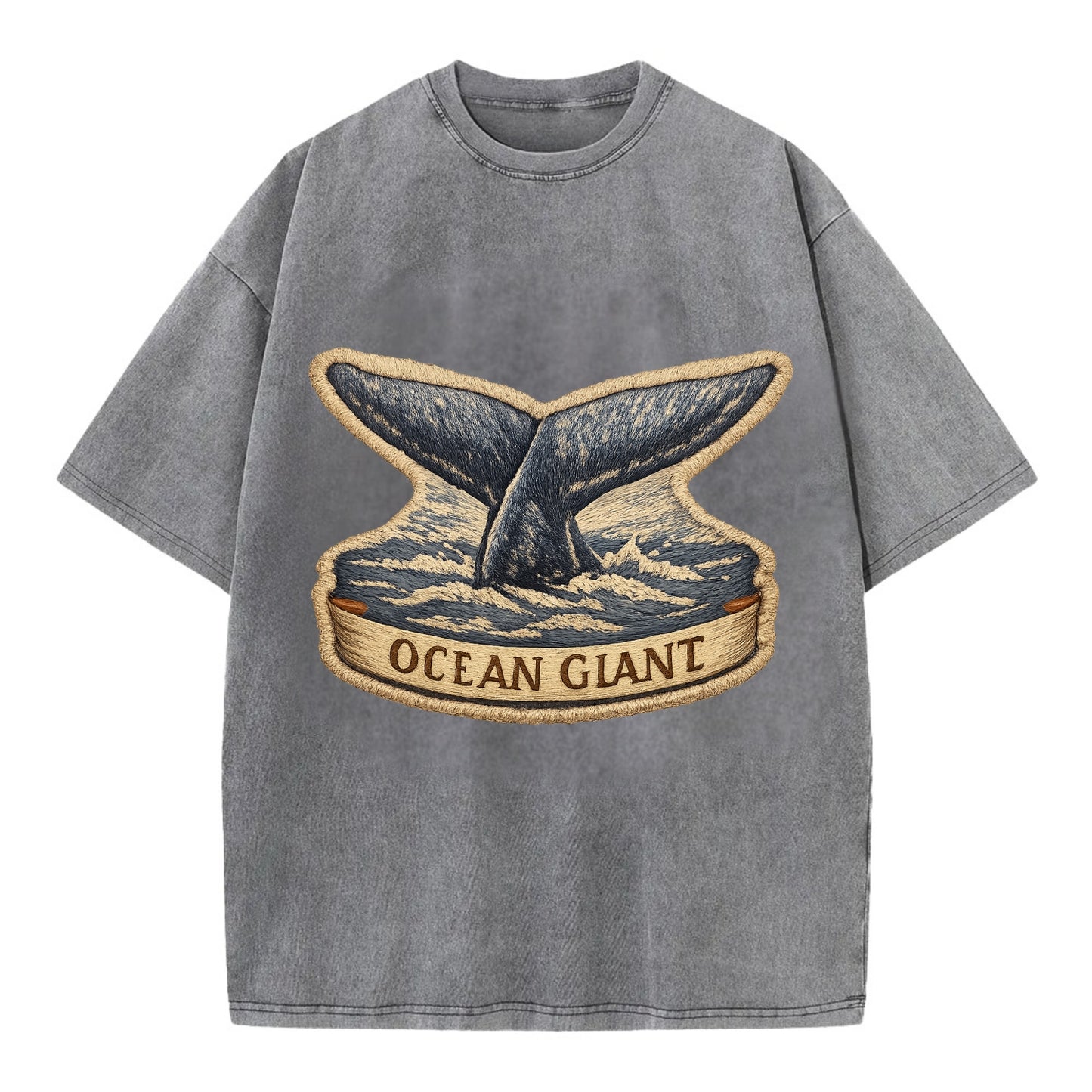 WHALE TAIL - diving whale in blue and gray , ocean giant - Vintage T-shirt - Grey