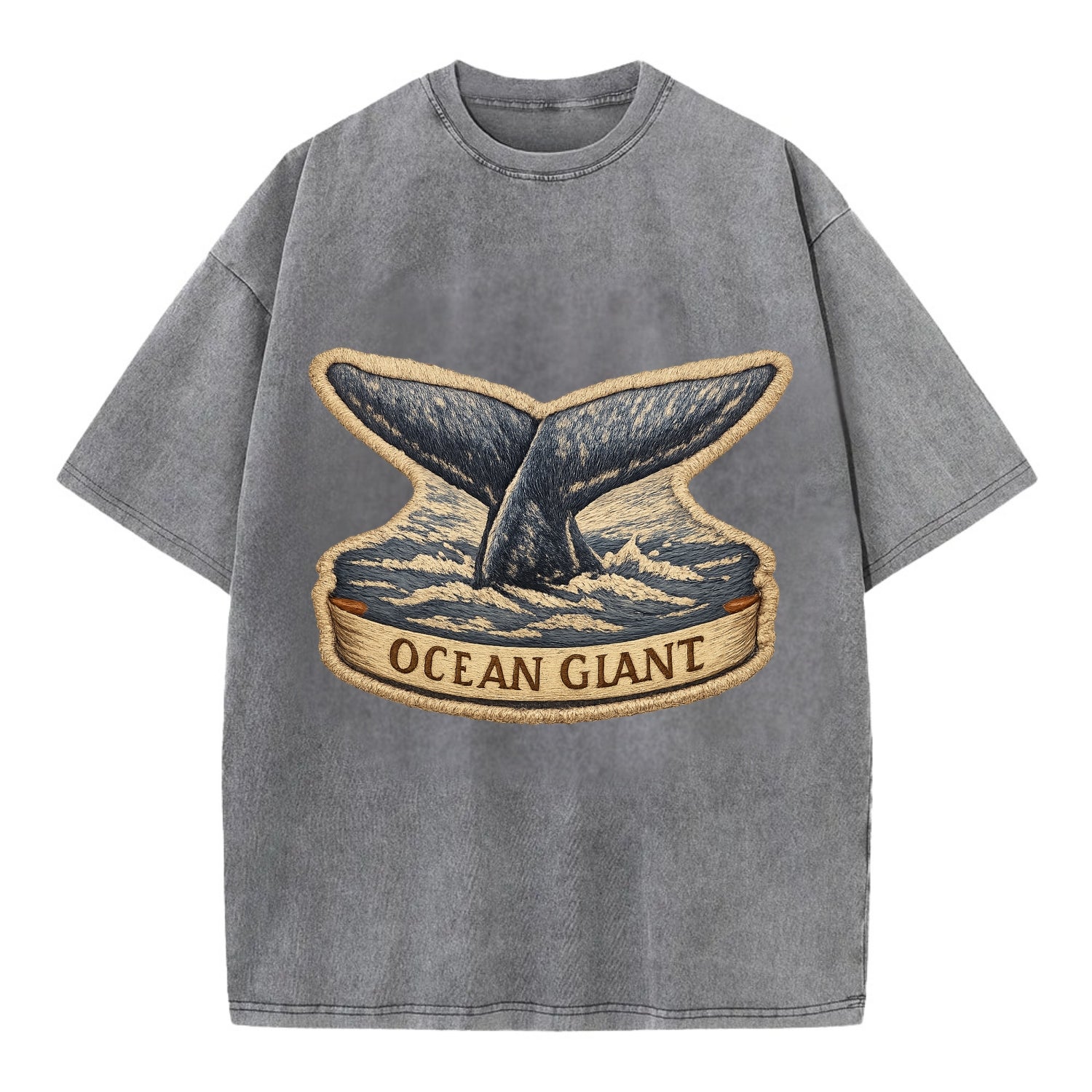 WHALE TAIL - diving whale in blue and gray , ocean giant - Vintage T-shirt - Grey