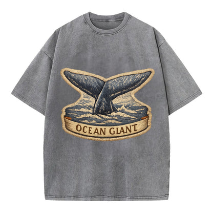 WHALE TAIL - diving whale in blue and gray , ocean giant - Vintage T-shirt - Grey