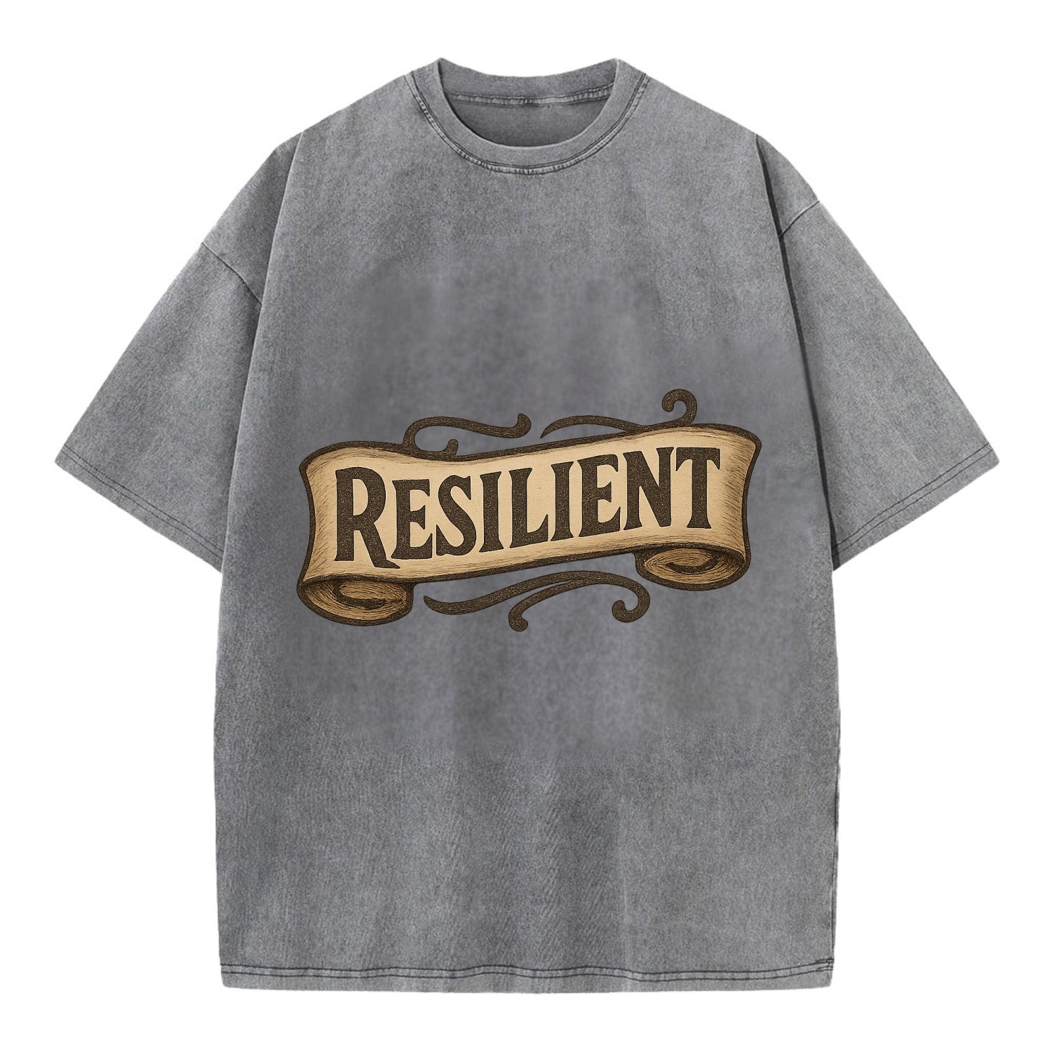 Bold typography design - "RESILIENT" - bouncing back, unbreakable spirit - Vintage T-shirt - Grey