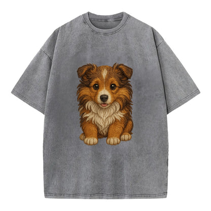 Baby Shetland Sheepdog Puppy - mini collie look, flowing mane, intelligent eyes, - Vintage T-shirt - Grey