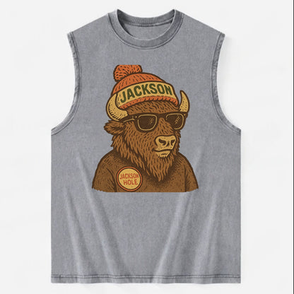Jackson Hole Bison wearing Jackson beanie with pom pom and wayfarer sunglasses - Vintage Washed Tank - Grey