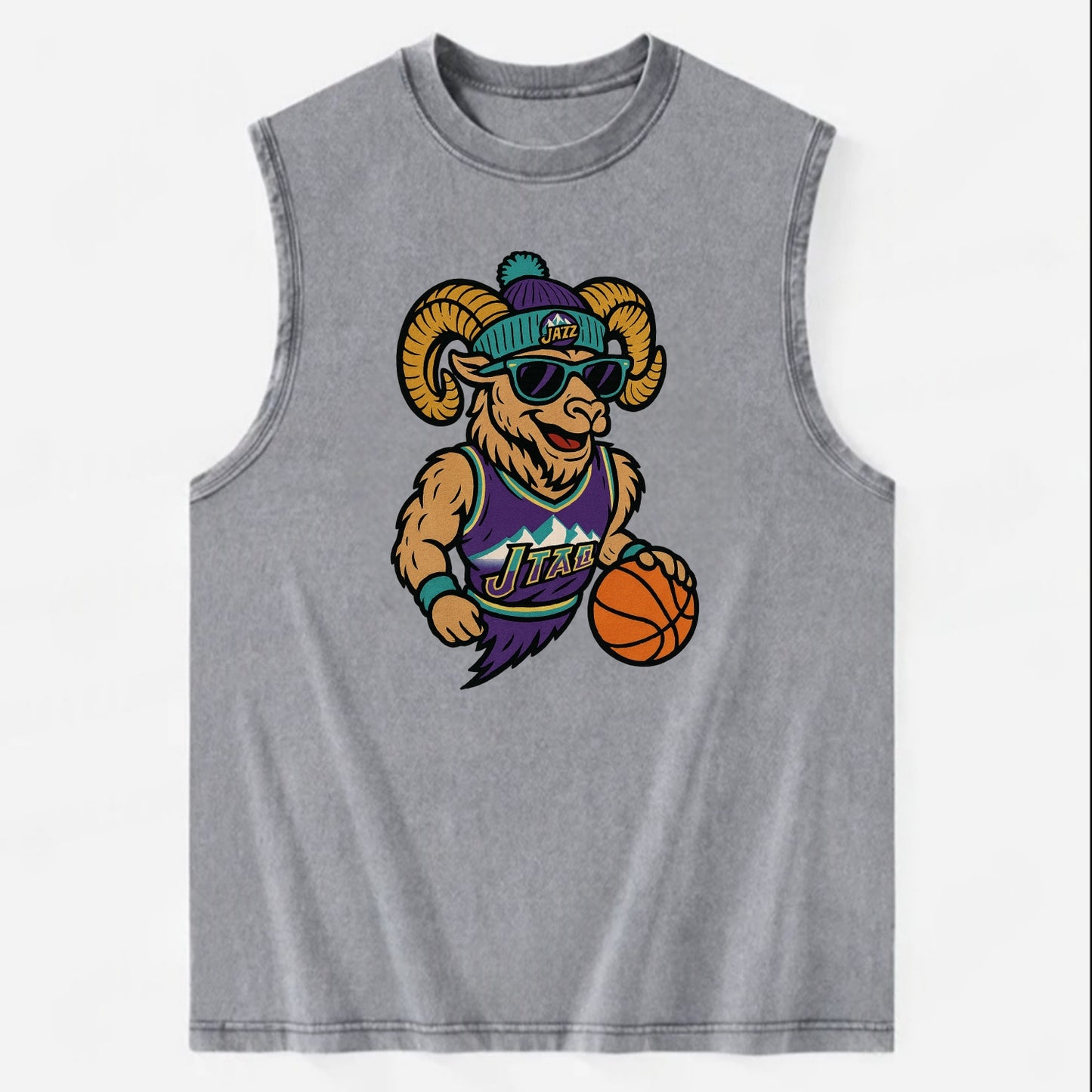 Utah Bighorn wearing Jazz beanie with mountain melody patch and wayfarer - Vintage Washed Tank - Grey